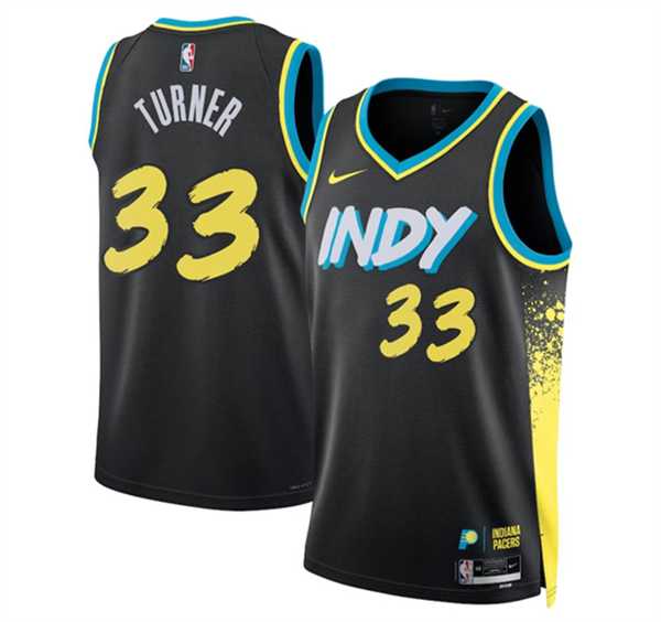 Mens Indiana Pacers #33 Myles Turner Black 2023-24 City Edition Stitched Basketball Jersey Dzhi